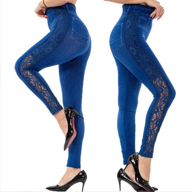 Lace Splicing High Waist Decorative Fake Pocket Leggings Blue