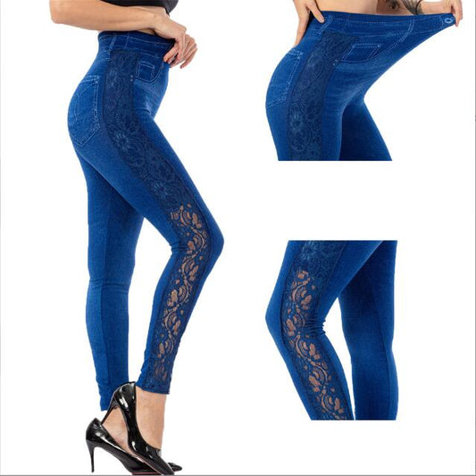 Lace Splicing High Waist Decorative Fake Pocket Leggings Blue